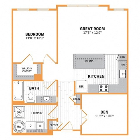 Floor plan for 1 bed, 1 bath, 950 sqft